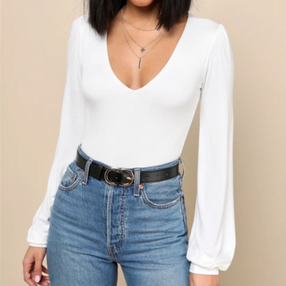 Kaylene Ivory V-Neck Balloon Sleeve Bodysuit